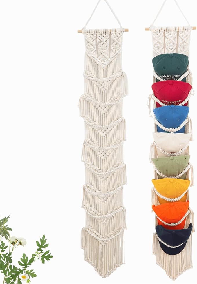 Macrame Cap Holder, Boho Hats organizer for baseball Caps, Hat Rack for Wall Hanging Decoration, Cap Rack for collection Display, Handmade Cap Hanger Storage Organizer (2Pcs-Eight hats)