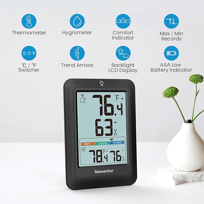 Newentor Indoor Outdoor Thermometer Wireless, Weather Stations Wireless Indoor Outdoor, Outdoor Thermometers for Patio House, Outside Inside Thermometers with Comfort Indicator, Black with 2 Sensors