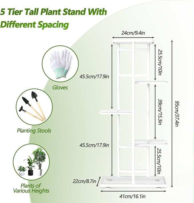 5 Tier 6 Potted Plant Stand Indoor with Gardening Tools and Gloves, Upgraded Corner Tall Metal Plant Shelf Organizer Outdoor, Multiple Flower Pot Holder Display Rack (5 -Tier White)