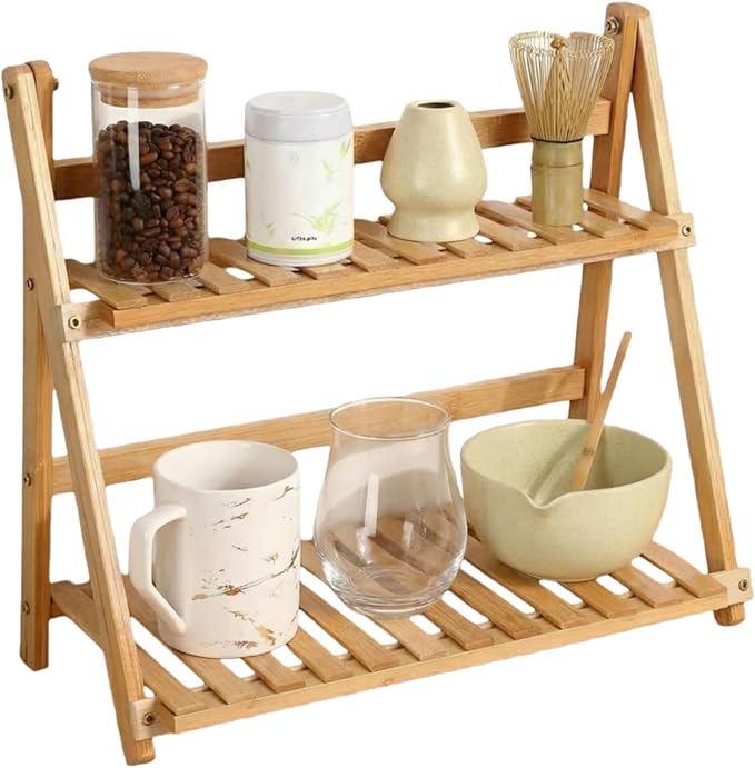 Coffee Station Organizer:2 Tier Foldable Bamboo Matcha Station Organizer Shelf,15.8" Countertop Display Rack for Coffee Bar. Desktop Flower Pot Rack for Kitchen,Window Sill,Living Room
