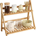 Coffee Station Organizer:2 Tier Foldable Bamboo Matcha Station Organizer Shelf,15.8" Countertop Display Rack for Coffee Bar. Desktop Flower Pot Rack for Kitchen,Window Sill,Living Room