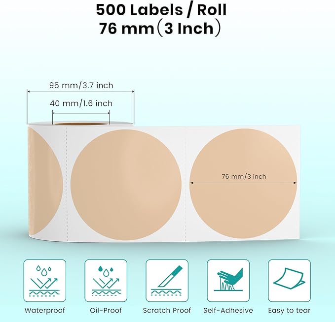Khaki Circle Thermal Labels Vinyl 3 Inch Self-Adhesive Round Stickers Roll Waterproof Printer Decals Name Tag for QR Code DIY Office Address 500 PCS