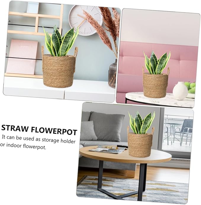 Rattan Basket Flower Pot 25cm Straw Flowerpot Vintage Style for Home Decor