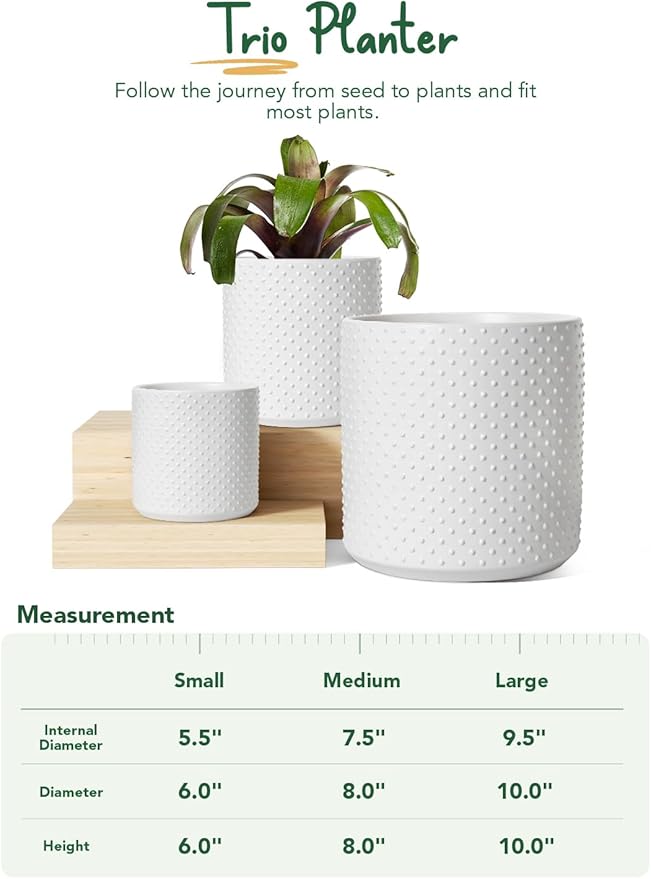 LE TAUCI Ceramic Pots for Plants, 10/8/6 Inch Indoor Planters with Draiange Hole, Silicone Plug & Mesh Pad, Modern Rasied-Dots Pots for Home Office, Set of 3, Satin, White