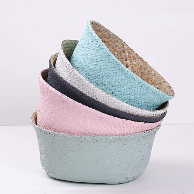 Woven Seagrass Belly Baskets with Handles for Planter Storage Flower Pot Cover Organizer&Laundry,Picnic Fruit&Grocery Baskets,Foldable Handmade Wicker Rattan Basket Hanging Decorative Baskets