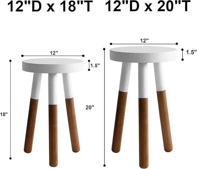 LitaEther 12" Reverse Dipped Wood Plant Stand, Wood Accent Stool,Milking Stool Drinking Table Small Side Table Set (18"+20" Tall)