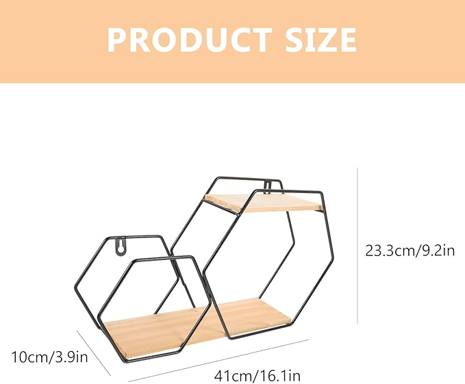 HOMSFOU Hexagon Wall Shelves Floating Wood and Metal Wall Mounted Storage Shelf Black Geometric Display Rack for Bedroom Home Décor Planter Pot Holder