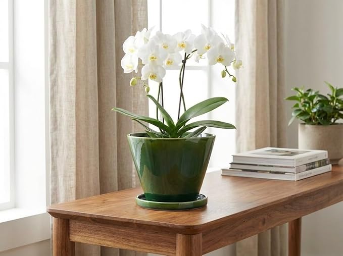 Glazed Gradient Color Ceramic Planter with Drainage Hole & Saucer for Indoor Tropical Plants, Green Reactive Glaze Plant Pot (Emerald Green, 8")
