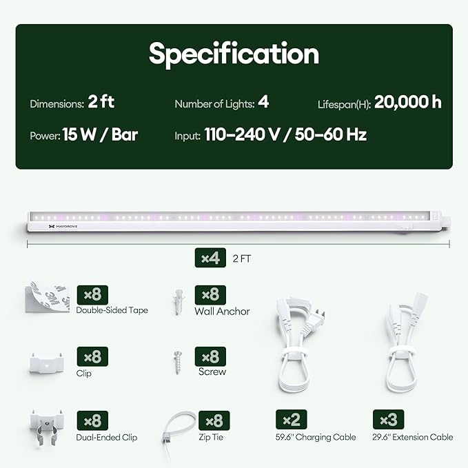 Maygrove Grow Lights for Indoor Plants, Tunable Spectrum 2FT LED Growing Lamp 28W (4 x 15W), T5 Grow Light Strip for Seed Starting, Vegetables, Linkable, White, 4-Pack