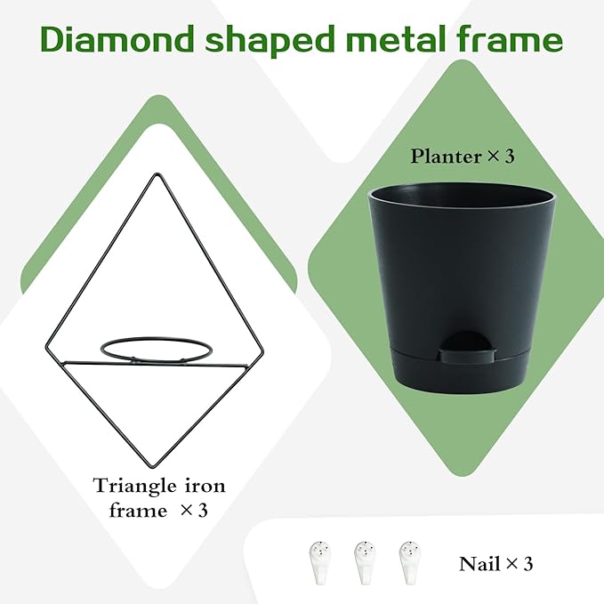 Koalaime 3 Sets Wall Planters for Indoor Plants Geometric Hanging Planters for Indoor Plants - Self-Watering Flower Pots with Black Metal Holder, Mounted Succulent Planter, 5" Black Plant Pot