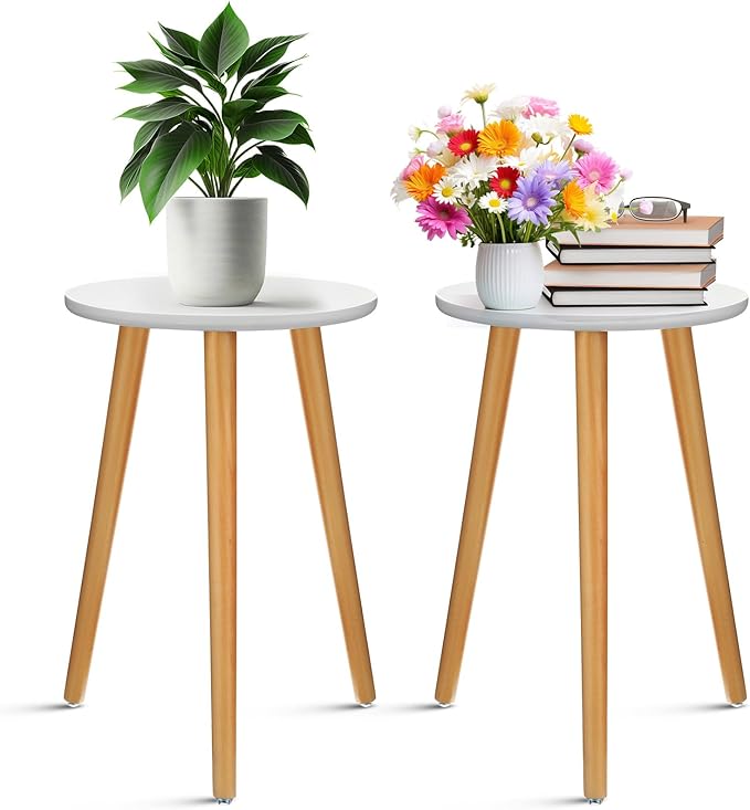 Briwooody 2 Pcs Wood Plant Stands Indoor Wooden Stool for Plants Mid Century Vintage Modern Flower Pots Holder Round Side Table End Table Plant Stools for Living Room Corner Balcony Decor(White)