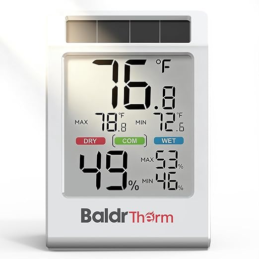 BALDR Indoor Thermometer Hygrometer, Solar Power with Battery Backup, Large Display, Daily Max/Min & Comfort Indicator Humidity Meter (White)