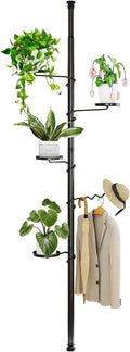 BAOYOUNI 5 Tier Indoor Plant Pole Stand Tension Rod Adjustable Flower Display Rack Spring Loaded Floral Hanger Storage Shelf with 4 Trays & 1 Wave Hook, Black (4 Trays & 1 Wave Hook, 5 Tier)