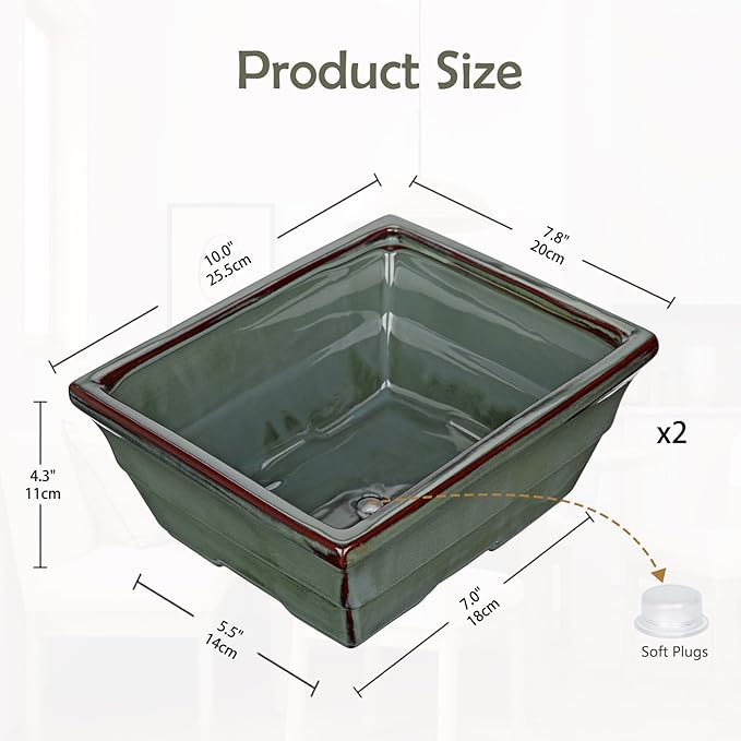 Set of 2 Large Green Glazed Ceramic Bonsai Pots, 10" Rectangular Bonsai Planters Pots with Drainage Hole for Indoor/Outdoor Plants, Bonzie Tree Pot for Succulents, Cacti, Orchids, Herbs, Spider Plants