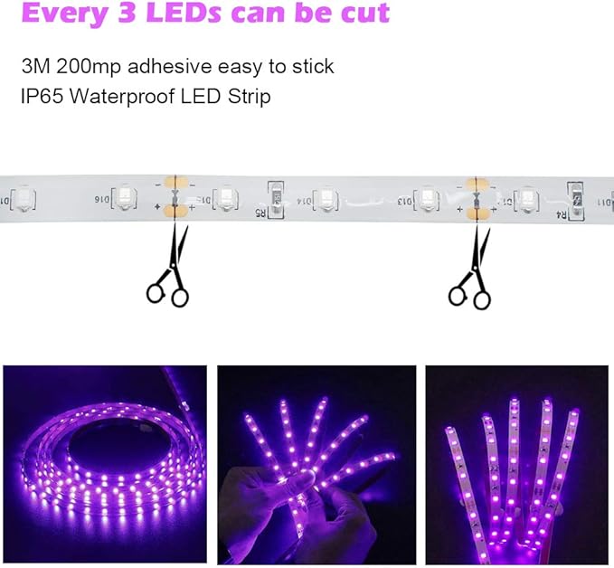 LightingWill Super Bright 60W LED UV Black Light Strip, Waterproof Blacklights 5M/16.4ft 3528SMD 300LED Ultraviolet Light for Party Night Fishing with 12V 5A Power Supply