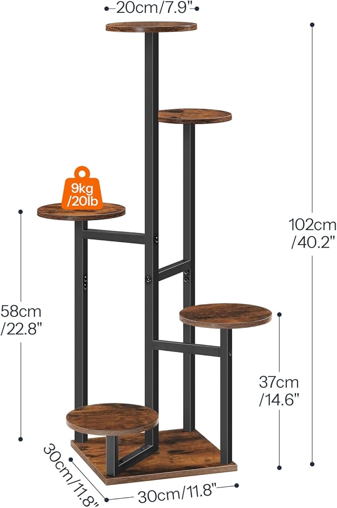 HOOBRO 5-Tier Corner Plant Stand Indoor, Round Vertical Plant Shelf for Small Spaces, Space Saving Flower Rack for Living Room, Balcony & Patio, Rustic Brown and Black BF05HJ01