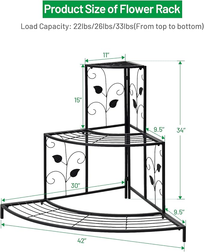 S AFSTAR Corner Plant Stand, 3-Tier Mental Plant Stand, Plant Flower Pot Display Rack, Pot Holder Shelf, Rustproof Ladder Potted Shelf, Outdoor Plant Stands for Patio Garden Yard Balcony (Black)