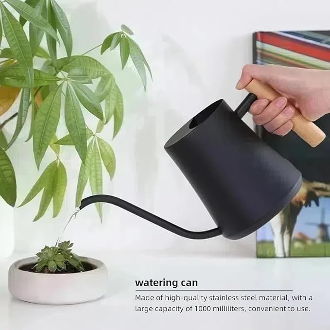 Indoor Watering Can with Long Spout, 34oz Capacity, Black Metal with Wood Handle (Black-W1)