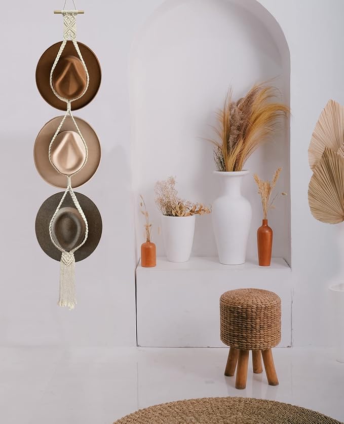 2 Pieces Hat Racks Hat Hangers for Wall, Bohemian Hat Organizer for Wall Hanging Hat Display, Hand Weaving Boho Hat Rack Decorative Cowboy Women Hat Holder for Wide Brim Bowler Fedoras