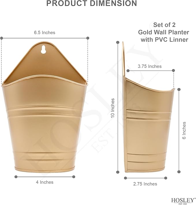 Hosley Set of 2 Gold Wall Planter with PVC Linner 6.25" L x 4" W x 10" H, Ideal Gift for Floral Arrangements Wedding Home Office Party DIY Indoor Outdoor Garden Patio