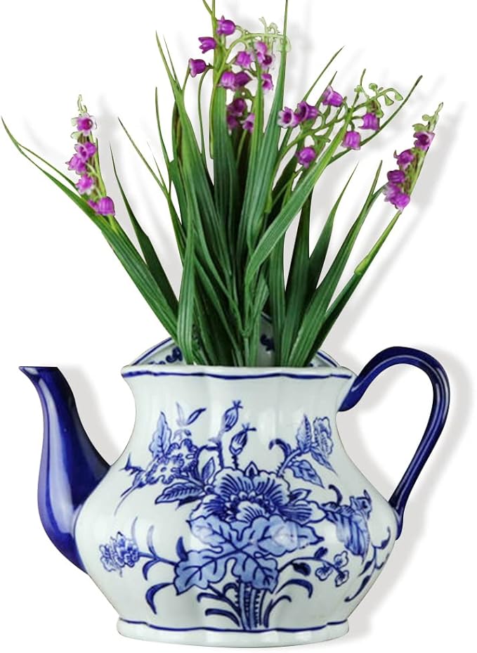 Blue & White Porcelain Wall Vase,Water Bottle Shape Hydroponic Vase Wall Planter for Indoor, Outdoor (D)