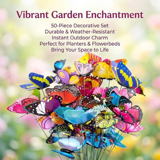 RAINFLOW 50PCS Butterfly Decorations – Butterflies Decorations for Bouquets, Butterfly Garden Decor, Flying Butterflies with Garden Stakes Decorative for Plant Decoration for Pots, Yard & Party