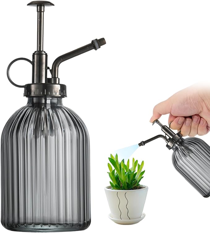Plant Mister Water Spray Bottle for Plants Creative Hand Pressure Water Bottle Glass Flower Sprayer (Grey+Bronze Sprinkler) Home Accessories