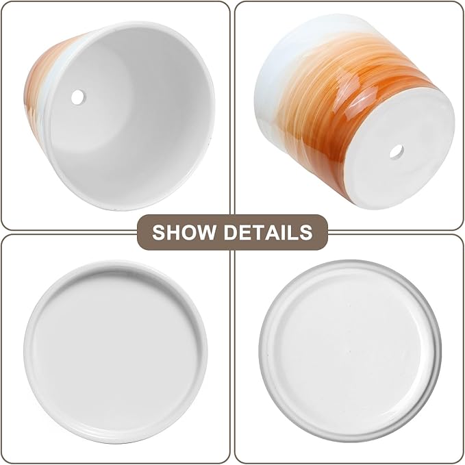 6.7 + 5.5 Inch Plant Pot,Ceramic Planter with Drainage and Saucer,Ceramic Pots for Plants,Indoor Plant pots,Planters for Indoor Plants(Khaki + White)