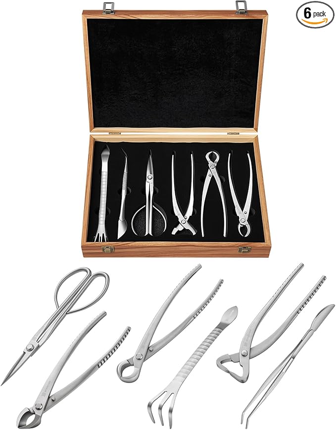 6-Piece Bonsai Tool Set – Concave Cutter, Knob Cutter, Pruning Shears, Trunk Splitter, Root Rake & Precision Tweezers – Professional Stainless Steel Bonsai Tools for Pruning & Repotting