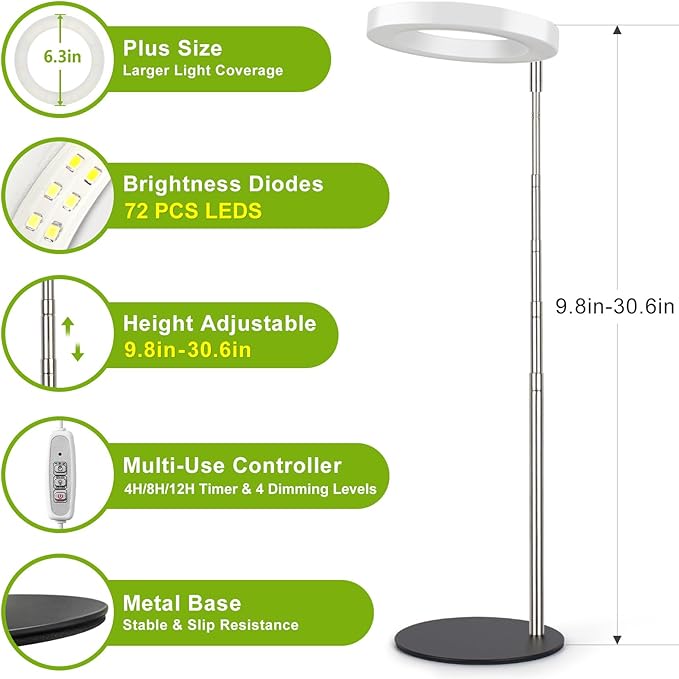 LORDEM Grow Light, LED Plant Light for Indoor Plants Growing, Full Spectrum Desk Growth Lamp with Automatic Timer for 4H/8H/12H, 4 Dimmable Levels, Height Adjustable 9.8"-30.6", 2 Pack