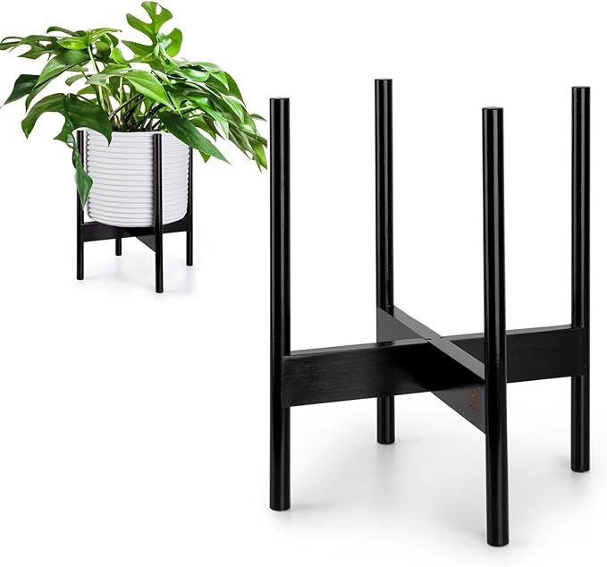 Fox & Fern Bamboo Plant Stand — 11.8 Inch Fixed Size Wooden Mid Century Plant Stand for Indoor Planters (Not Included) - Raised Flower Pot Holder for Indoor Big Pots - Plug In Design - Dark Bamboo