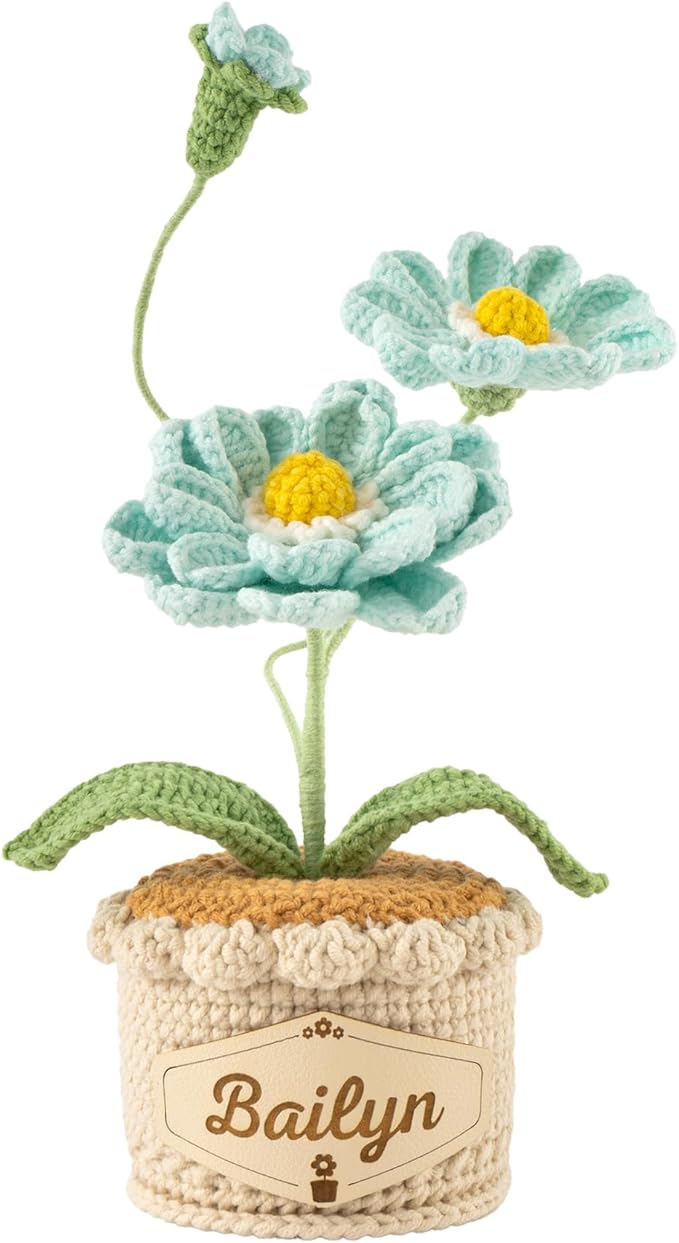 Crochet Flowers with Personalized Leather Name Tag Handmade Knitted Flowers for Home Office Desk Decor Crochet Zinnia Potted Plant for Women Crochet Everlasting Flower Birthday Gifts(Blue)