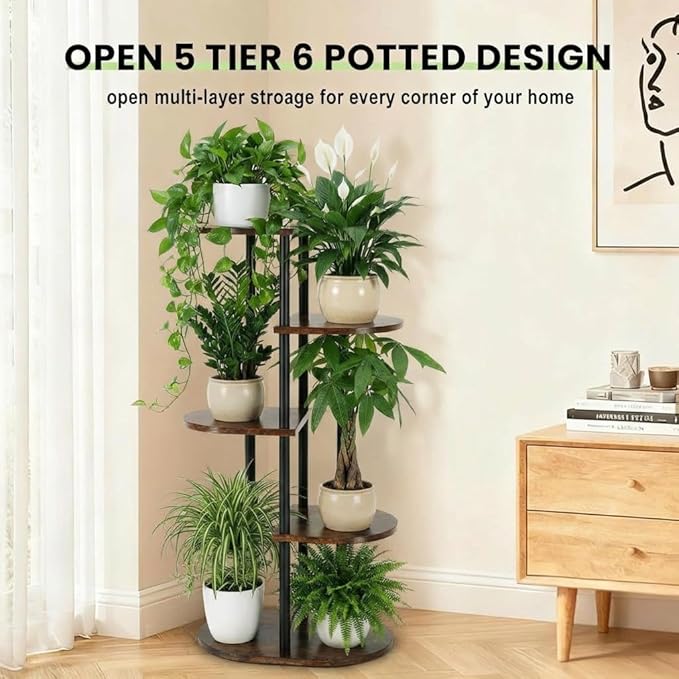 Tiered Plant Stand Indoor, Tall 5 Tier 6 Potted Wooden Plant Shelf for Multiple Flower Plants, Multi Corner Metal Plant Holder Indoor for Patio Garden Patent Design Living Room Balcony Bedroom, Rustic Brown