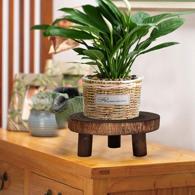 UNIE Mini Wooden Stool Round Garden Flower Display Stand Decorative Short Stool for Indoor Outdoor Office Dining Room, Brown, Large, (200716LY03-3-6767-1046491161)
