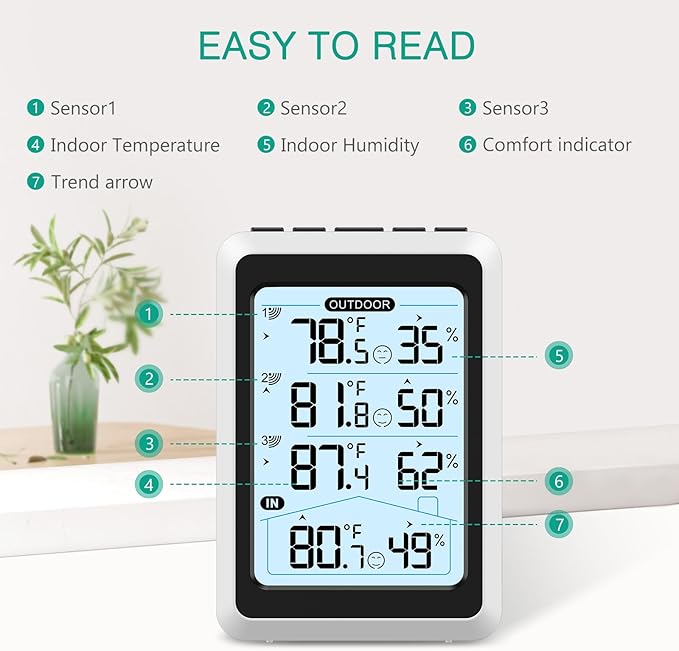 ORIA 3 Sensor Wireless Indoor Outdoor Thermometer Hygrometer, Digital Temperature Humidity Monitor with Backlit Display, Min/Max Records, Celsius/Fahrenheit Switch for Home, Garden, Greenhouse