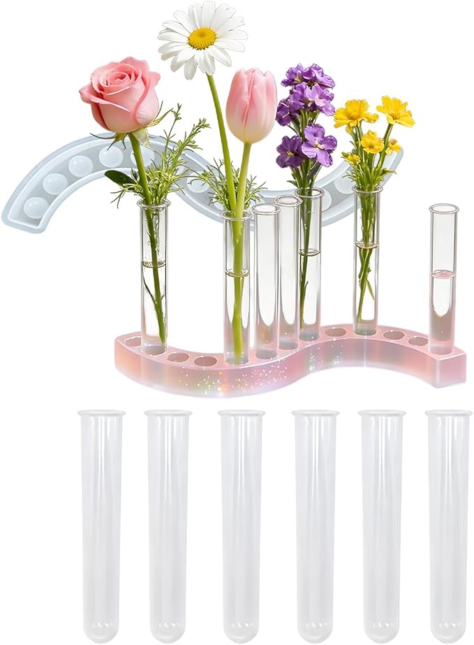 Round Vase Resin Mold Silicone for Plant Propagation Station with 6 Acrylic Test Tubes, Epoxy Resin Casting Mold for Hydroponic Flowers, Home Office Decor, DIY Craft Gift (A)