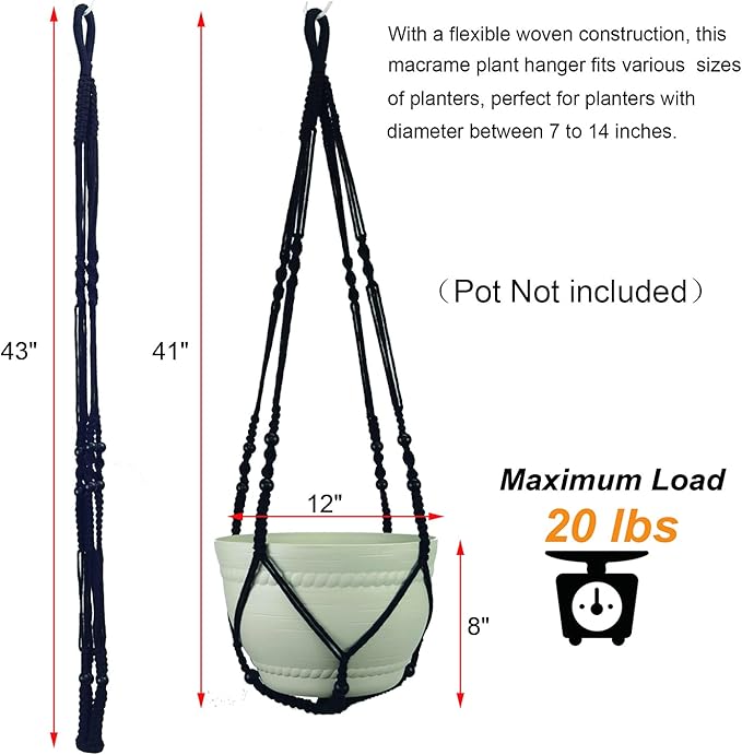 Bouqlife Large Macrame Plant Hanger Black 43 Inch Long for up to 12 Inch Pot No Tassel Cotton Rope Hanging Basket Plant Holder with Heavy Duty Ceiling Hooks