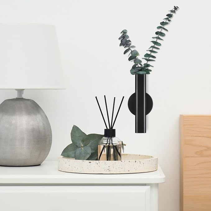 UKCOCO Wall Mounted Flower Vase 6.29In Black Metal – No-Drilling Adhesive Holder Waterproof – for Home Office Bedroom Kitchen Decor for Fresh & Artificial Flowers