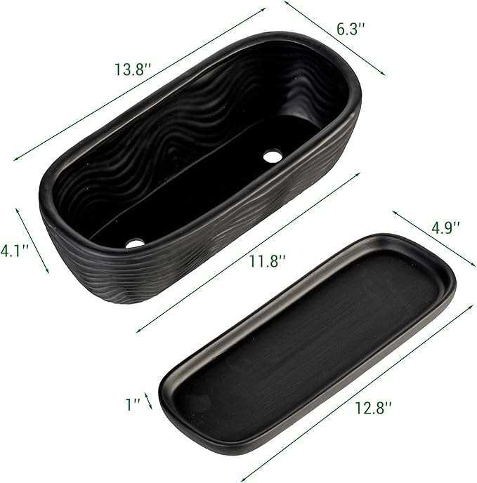MyGift 13.5 inch Succulent Planter Pot, Oval Modern Ceramic Plant Box Container with Wave Textured Pattern and Removable Saucer Drip Tray (Black)