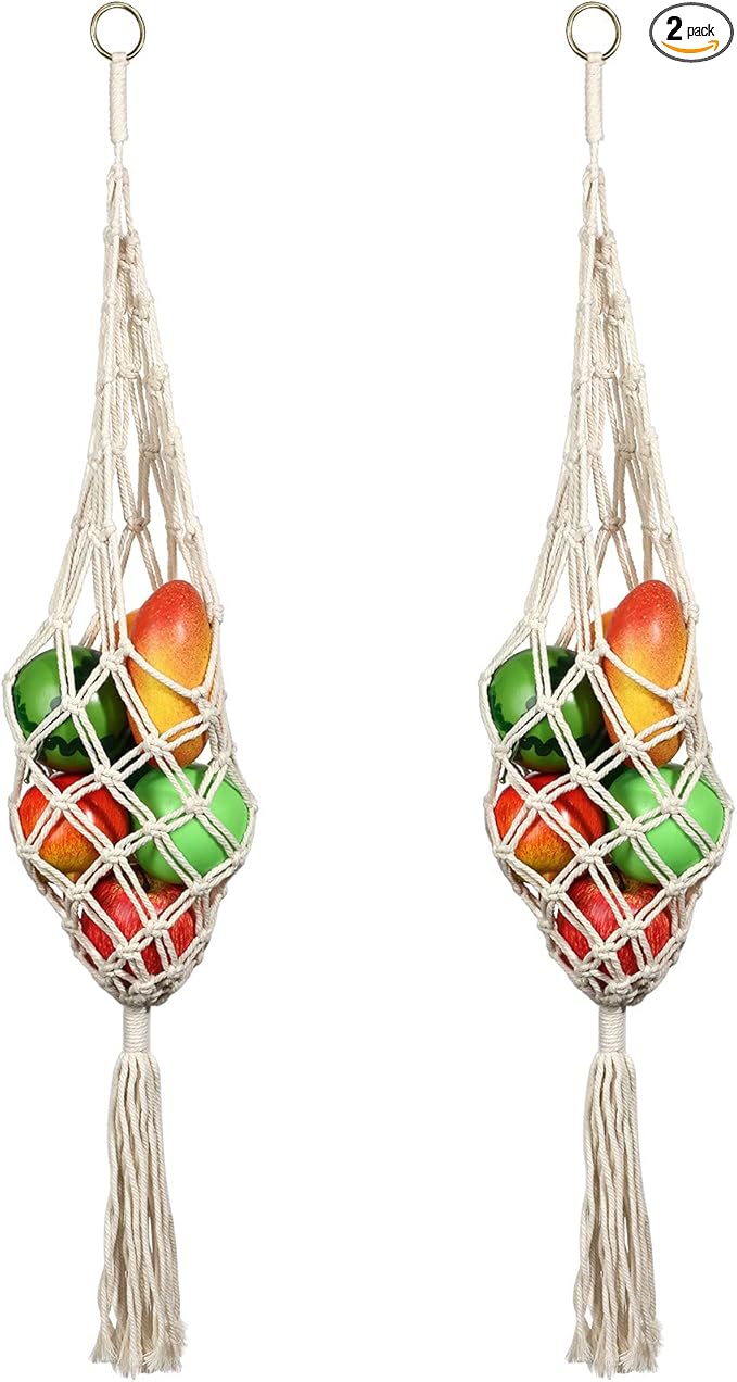 Geiserailie 2 Pieces Hanging Fruit Basket Macrame Hanging Basket Vegetable Breathable Storage decor for Potato Onion and Fruit Storage Boho Decor for Kitchen