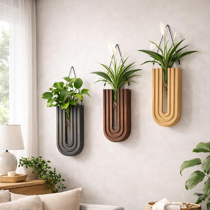 Wall Mounted Wooden Propagation Station Set of 3 - Boho Hanging Indoor Wall Planter Vases for Plants & Flowers, Handmade Rainbow Decor for Living Room, Entryway, or Home Gallery Display
