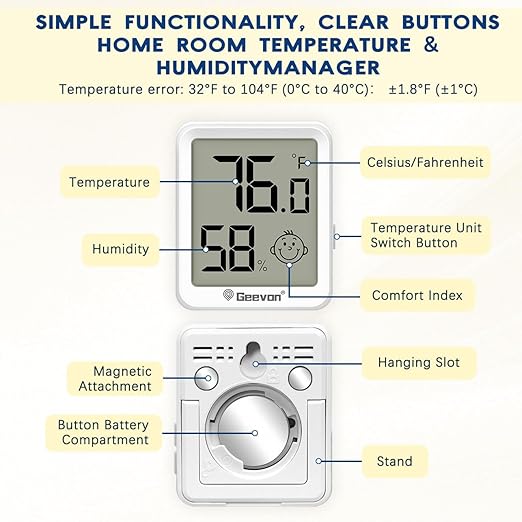 Geevon 2 Pack Mini Digital Hygrometer Gauge Indoor Thermometer – LCD Monitor Temperature with Comfort Index,Outdoor Humidity Meter for Home House Office Garden and Cellar