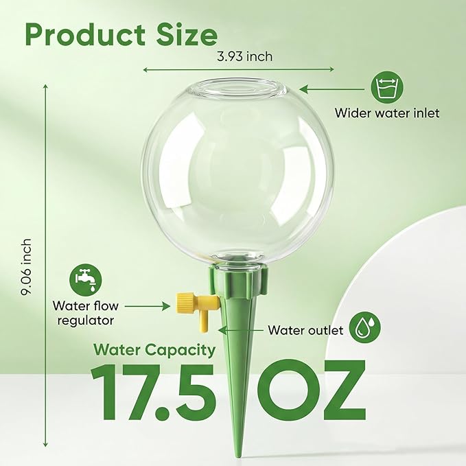 4-Pack 17.5oz Self Watering Globes with Covers – Automatic Plant Watering Bulbs, Slow-Release Irrigation Spikes for Indoor/Outdoor Potted Plants, Vacation Watering System, Top-Fill, Fits Most Pots