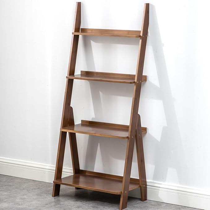 Maydear Bamboo Ladder Shelf Bookcase, 4-Tier Leaning Bookshelf Free Standing Organizer Storage Shelves for Living Room, Bedroom, Kitchen, Home Office, Balcony (Dark Walnut)