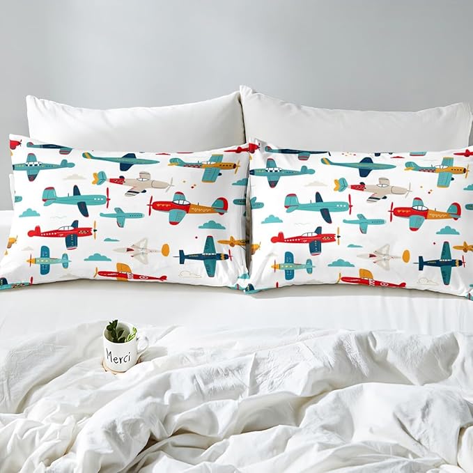 Feelyou Twin Sheets Aircraft Sheet Set for Boys, Kids Cartoon Helicopter Airplane Bedding Set, Children Toddler Soft and Cozy Cute Flying Plane Bed Sheets Kawaii Room Decor Colorful Bed Set 4 Pcs