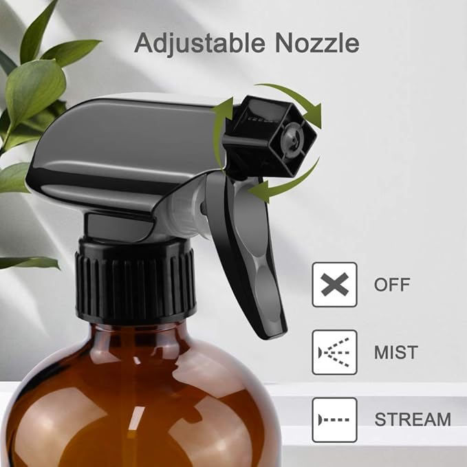 Worldgsb Glass Spray Bottles, 16oz Refillable Containers, Empty Boston Round Bottles with Labels & Adjustable Nozzle for Cleaning, Gardening, Aromatherapy, Pets, Plant, Hair -Amber (2 Pack)