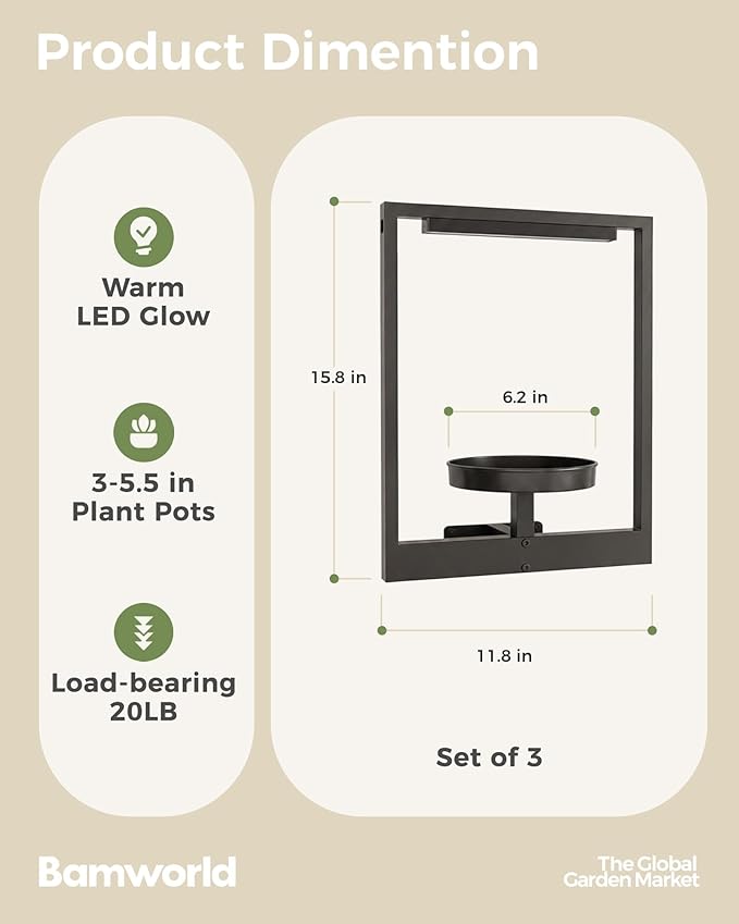 Bamworld Hanging Planters for Indoor Plants Wall Decor Outdoor Living Room Plant Stand Indoor Wall Planters Plant Hanger Window Plant Shelves 3-Packs with Magnetic Lights