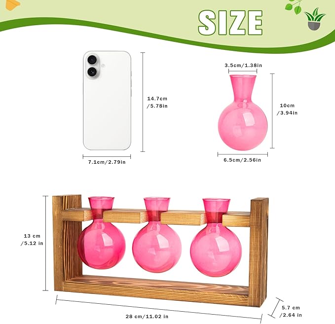 XXXFLOWER 3 Bulb Glass Propagation Station with Wooden Stand, Propagation Vase Propagated Plant Holders Tabletop Planter, Gardening Hydroponics Gifts Home Office Indoor Decor (Pink)