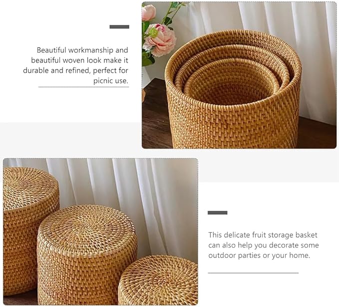 Basket Baskets Wicker Woven Storage Rattan Round Can Trash Fruit Seagrass Empty Bread Large Laundry Planter Blankets Gifts (17X17CM)