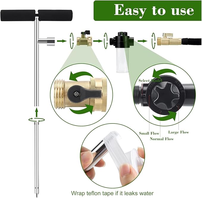 Caulimo Deep Root Watering Tool for Trees, Tree Watering Spike with Fertilizer Bottle, Stainless Steel Root Feeder for Garden, Orchard & Shrubs, Tree Irrigation System with Brass Valve|T-Handle